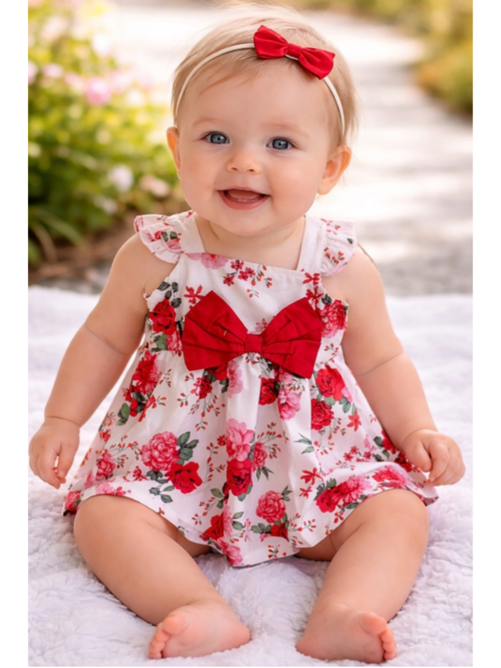 Childs Floral Dress With Bow 6-12 Months red floral